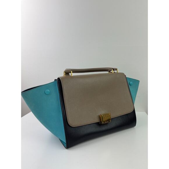 CELINE Trapeze Black Turquoise Teal Taupe Tricolor Leather 2 Handle Strap ITALY - Picture 6 of 16